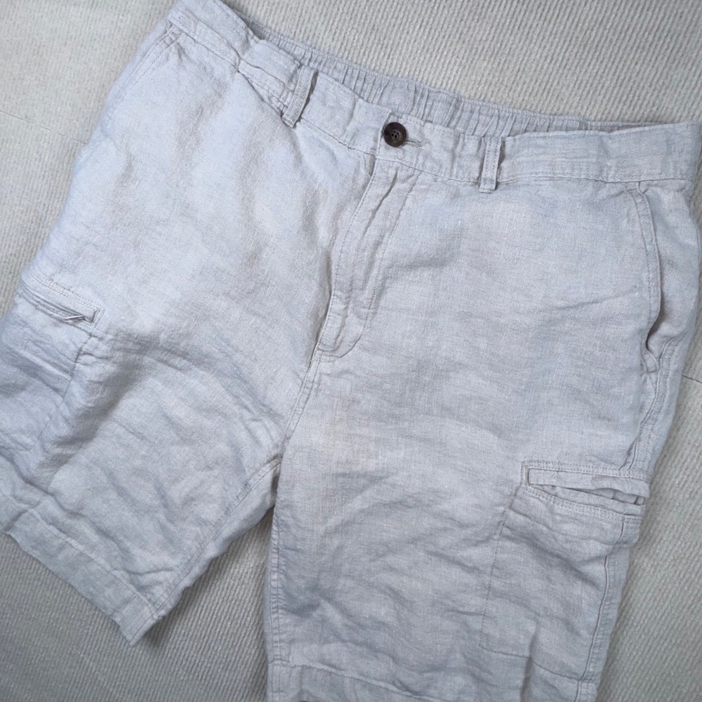 Caribbean Cargo Shorts Mens 38 Beige 100% Linen Elastic Back Utility‎ Pockets
